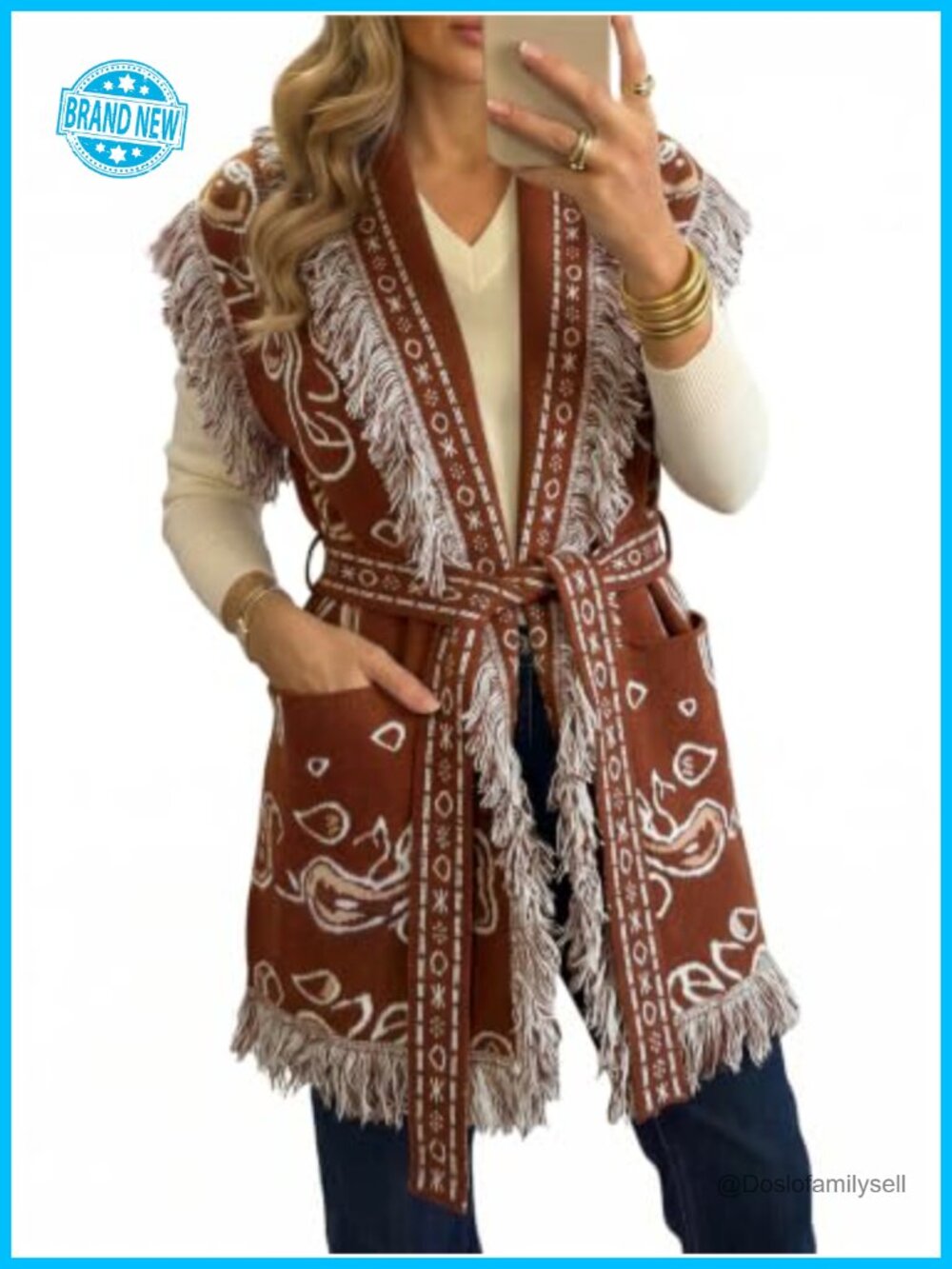Womens Sleeveless Long Cardigan Fringe Shawl Collar Paisley Belted Knit Vest